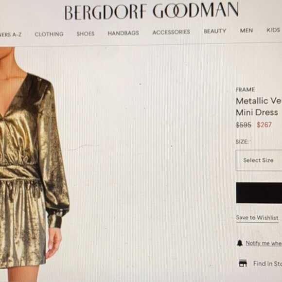 New FRAME Metallic Gold Lame' Velvet Long-Sleeve V-Neck Mini Dress 8 MSRP $595 - Picture 10 of 10